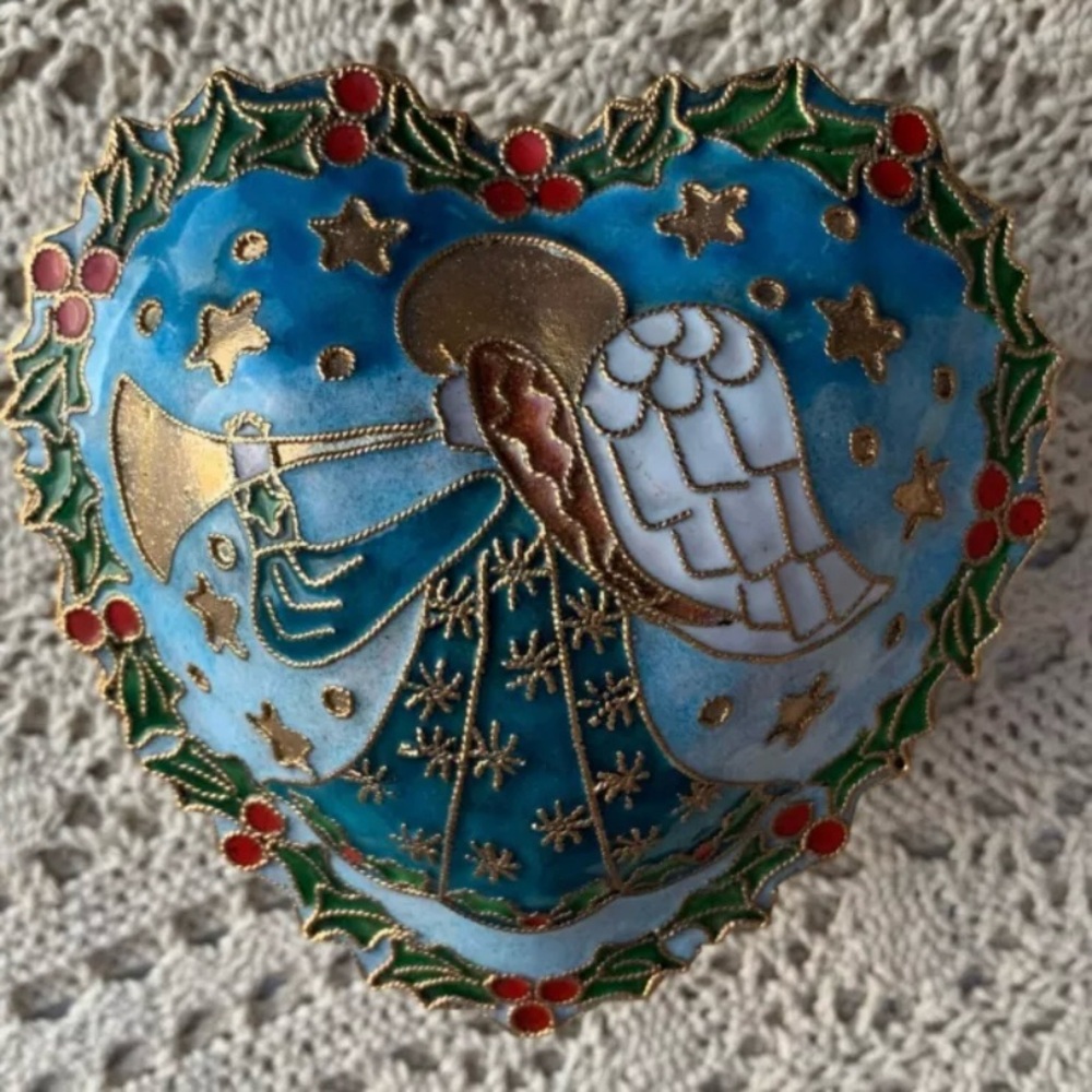 NYCO Cloisonné Angel Holly Stars Heart Shaped Jewelry Trinket Box Nicki Yassaman